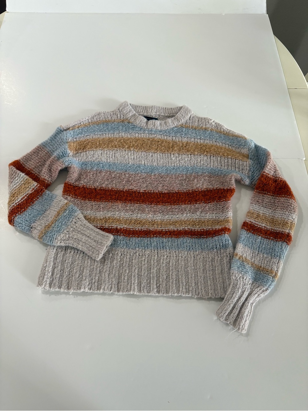 American Eagle Striped Cozy Crewneck Sweater - Cream, Blue, Rust & Tan Stripes